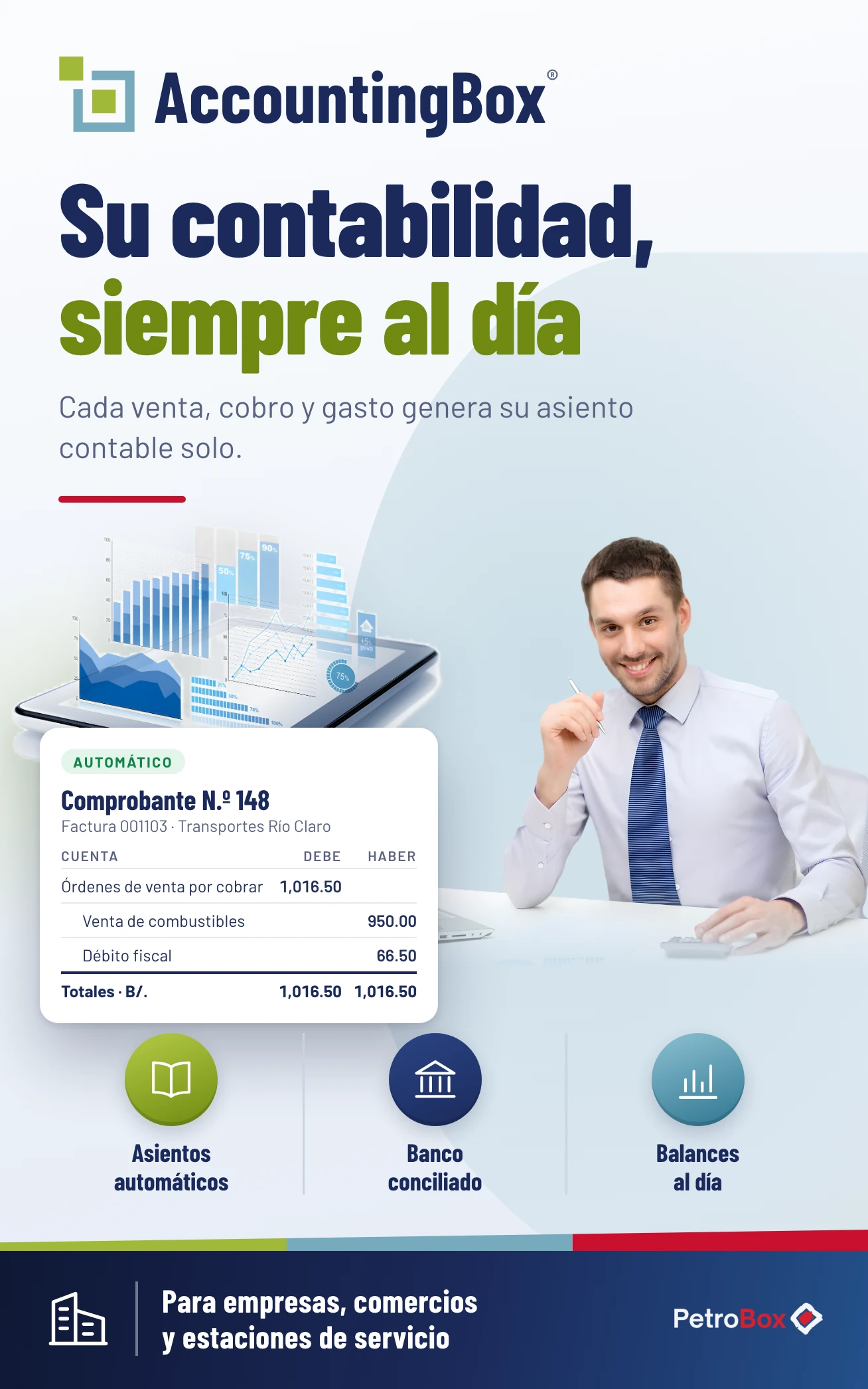 AccountingBox: su contabilidad, siempre al día. Cada venta, cobro y gasto genera su asiento contable solo. Asientos automáticos, banco conciliado y balances al día. Para empresas, comercios y estaciones de servicio.