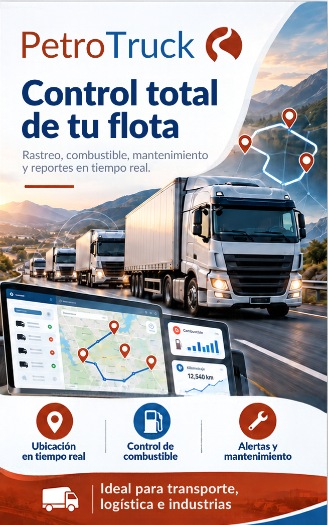 PetroTruck: control total de tu flota. Rastreo, combustible, mantenimiento y reportes en tiempo real. Ideal para transporte, logística e industrias.